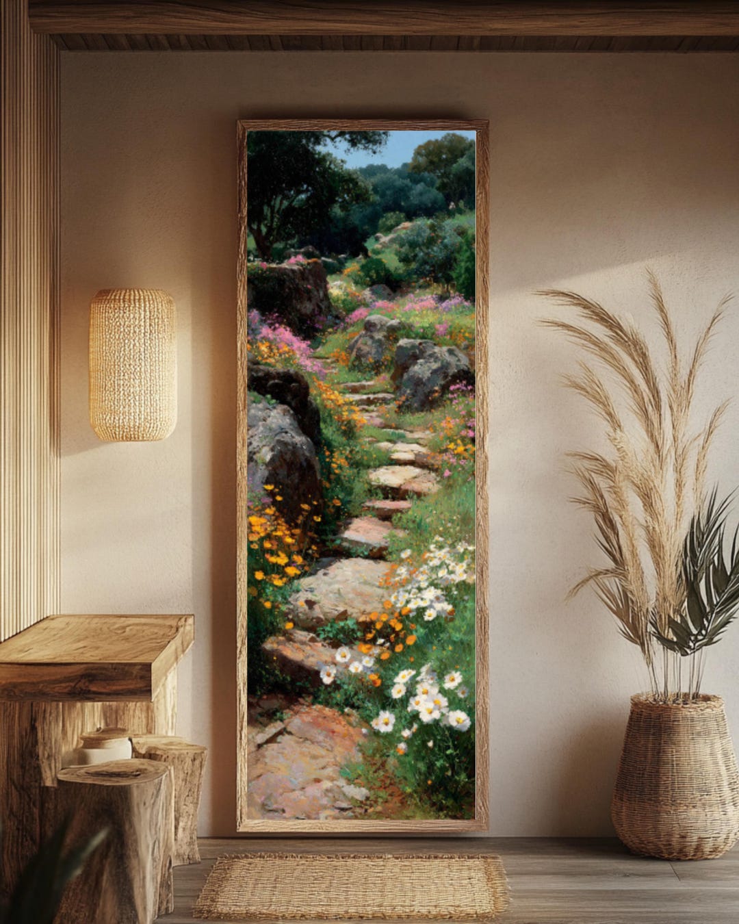 Rustic Garden Path Wall Art – Wildflower Stone Walkway Oil Painting ...