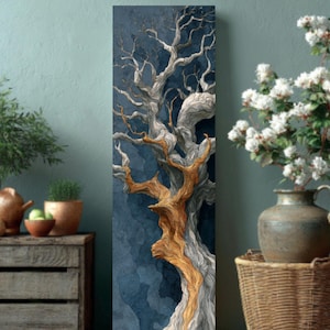 Pode incluir: Arte em tela vertical com uma árvore estilizada com tronco e galhos texturizados, dourados e cinzentos, sobre um fundo azul escuro. A obra de arte tem uma qualidade pictórica, com pinceladas visíveis e foco nas formas naturais.