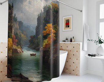 Autumn River Shower Curtain – Thomas Cole Landscape Painting, Rustic Bathroom Decor