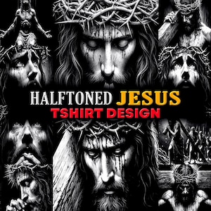 Puede incluir: Un diseño gráfico en blanco y negro que presenta múltiples representaciones de Jesucristo, cada una con una corona de espinas. El texto "HALFTINED JESUS TSHIRT DESIGN" se muestra en amarillo y rojo.