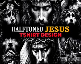 31 Halftone Jesus T-Shirt Designs | Christian PNG Bundle | Religious Clipart for DTF & DTG Printing