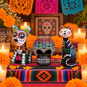 May include: A black ceramic dog figurine with colorful floral patterns, a black skull with a multi-colored dot design, and a black cat figurine with floral accents. These three decorative items are arranged on a vibrant, multi-colored woven table runner.