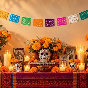 May include: A Day of the Dead altar featuring a colorful papel picado banner, orange marigold flowers, lit candles in glass holders, framed photographs, a central decorated skull, and a small skeleton figurine on a purple woven table runner.