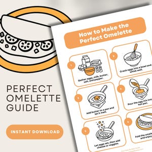May include: A white and orange illustrated guide titled "Perfect Omelette Guide" with step-by-step instructions. The guide includes illustrations of ingredients and cooking steps, such as adding butter to a pan and folding the omelette.