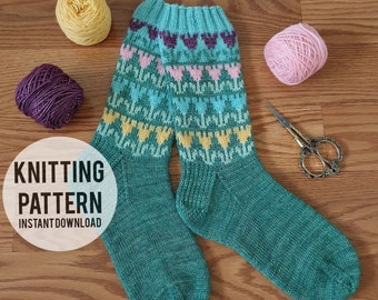 Tulip Fields Sock Knitting Pattern, Cuff down socks flower knitting pattern