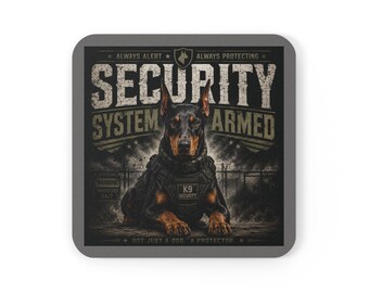 Doberman K9 Security System Coaster, Cork Back Drink Coaster | Guard Dog Design