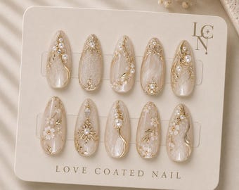 Ivory Almond Press On Nails | Luxury Bridal Pearl 3D Flower Set