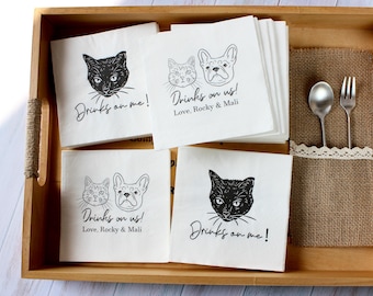 Custom Pet Portrait Wedding Napkins – Personalized Bar Decor, Pet Lover Favors