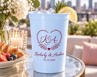 Personalized Monogram Plastic Wedding Cups, Custom Names & Date Wedding Party Cups
