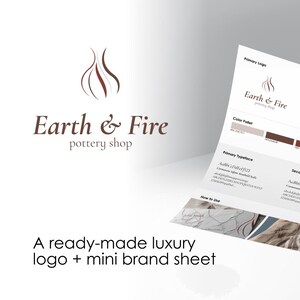 Op de afbeelding: Een kant-en-klaar luxe logo en mini-merkblad voor een pottenbakkerij. Het logo toont een gestileerd bruin vlamontwerp boven de woorden "Earth & Fire" in een schreefletter. Het merkblad bevat kleurenpaletten en typografievoorbeelden.