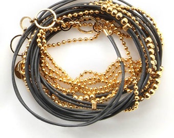 Gold and Dark Gray Leather Warp Bracelet