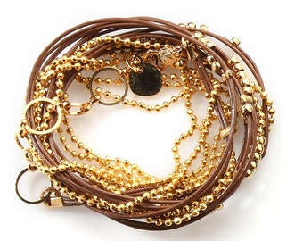 Chocolate Brown and Gold Warp Leather  Bracelet