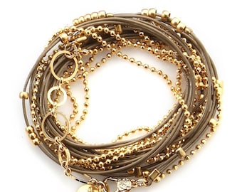 Khaki and Gold Leather Wrap Bracelet