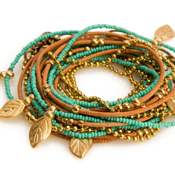 Turquoise Beads and Charms Leather Wrap Bracelet
