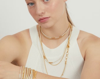 Wrap Bracelet, Gold 24K coating, long necklace, multi necklace, multi bracelet, Metalic white leather, gold chain, adjustable