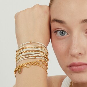 Wrap Bracelet, Gold 24K coating, long necklace, multi necklace, multi bracelet, Metalic white leather, gold chain, adjustable image 5