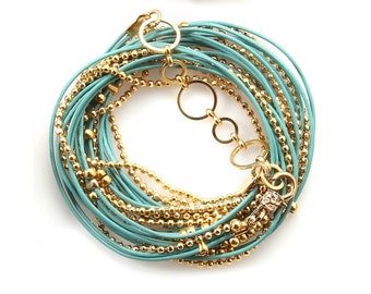 Turquoise and Gold Leather Wrap Bracelet