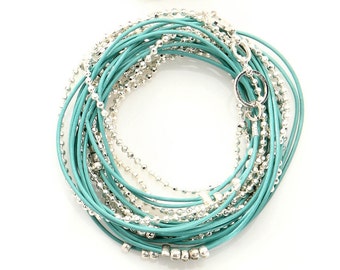 Turquoise and Silver Beads Leather Wrap Bracelet- Necklace