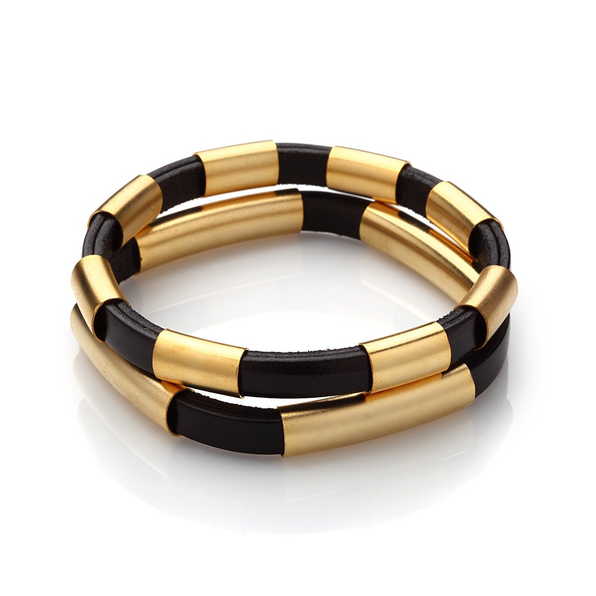 Black Leather and Gold Tube Bracelet Duo Etsy
