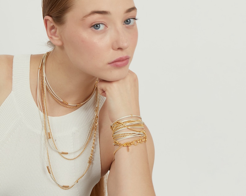 Wrap Bracelet, Gold 24K coating, long necklace, multi necklace, multi bracelet, Metalic white leather, gold chain, adjustable image 2