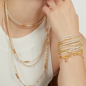 Wrap Bracelet, Gold 24K coating, long necklace, multi necklace, multi bracelet, Metalic white leather, gold chain, adjustable image 4