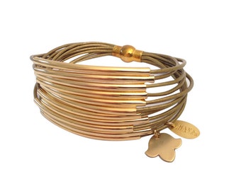 24K Gold coated tubes and Metallic Khaki Leather Bracelet with magnetic clasp