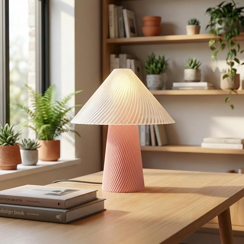 May include: A pink table lamp with a pleated white lampshade. The lamp has a textured, conical base and sits on a wooden desk. The background includes a window, plants, and a bookshelf with books and decorative items.