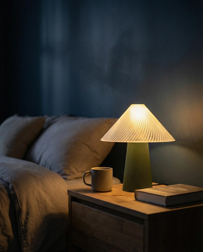 May include: A green table lamp with a pleated lampshade sits on a wooden nightstand next to a mug and a book. The lamp's base has a textured design. The bedroom has a dark blue wall and a bed with gray bedding.