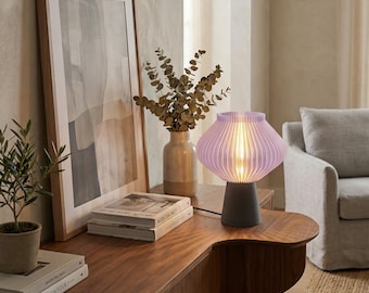 Purple Ribbed Table Lamp, AURA, Modern Bedside Light, 3D Printed with LED