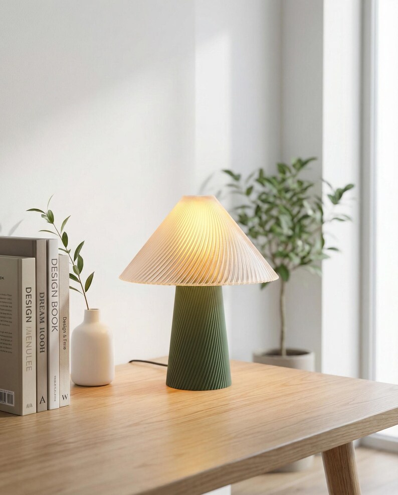 May include: A modern table lamp with a green, spiral-textured base and a translucent, pleated lampshade. The lamp is on a wooden table, next to books and a small vase with greenery. The lamp emits a warm, inviting glow.