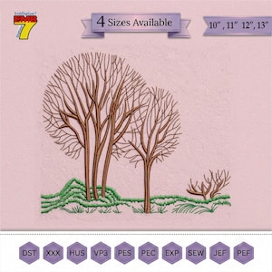 May include: An embroidery design featuring two bare brown trees and a small shrub on a green grassy hill. The text reads 4 Sizes Available and 10", 11", 12", 13". Below are icons for file formats including DST, XXX, HUS, VP3, PES, PEC, EXP, SEW, JEF, and PEF.
