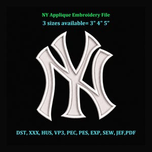 May include: A white and gray embroidered NY logo on a black background. The text "NY Applique Embroidery File" is at the top, with size options of 3", 4", and 5". Below the logo are file format options.