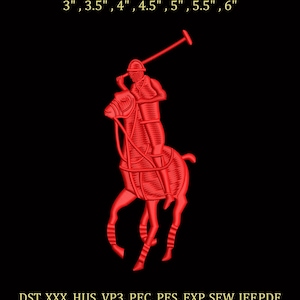 May include: Red embroidered logo of a polo player on a horse, set against a black background. The text "7 SIZES AVAILABLE" and size measurements from 3" to 6" are displayed. The image also includes file format information and the words "DIGITAL DOWNLOAD".