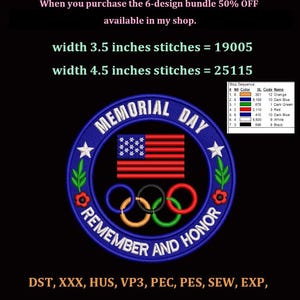 Può includere: Toppa ricamata del Memorial Day con la bandiera americana, gli anelli olimpici e la scritta "Remember and Honor". La toppa è larga circa 8,9 cm o 11,4 cm. Include codici colore e conteggio punti.