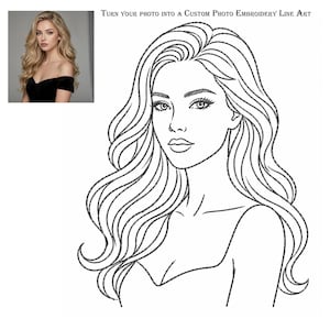 Pode incluir: Uma ilustração de arte linear em preto e branco de uma pessoa com cabelos longos e ondulados, apresentando uma pequena fotografia inserida da mesma pessoa no canto superior esquerdo. O texto no topo diz: Turn your photo into a Custom Photo Embroidery Line Art.