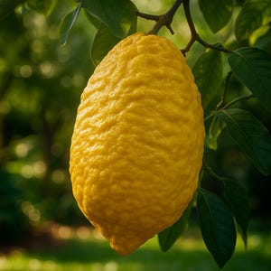 May include: A large, oblong yellow citron fruit hangs from a tree branch, surrounded by green leaves. The fruit has a textured, bumpy surface and is illuminated by sunlight. The background is blurred, suggesting a garden setting.