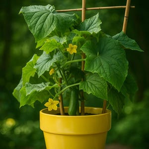 May include: A cucumber plant in a bright yellow pot, supported by a bamboo trellis. The plant features large, green leaves, small yellow flowers, and a developing cucumber. The background is a blurred green, suggesting an outdoor setting.
