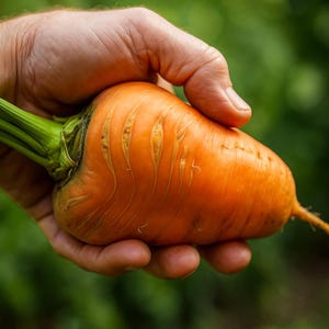 May include: A large, freshly harvested carrot held in a hand. The carrot is a vibrant orange color with a green stem. The carrot's surface has vertical lines and a slightly rough texture, suggesting it is freshly picked from the garden.