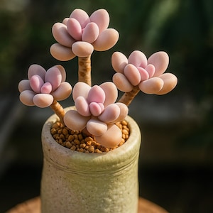 May include: A close-up of a potted succulent plant. The plant features four stems, each topped with a cluster of fleshy, pinkish-beige leaves. The plant is in a light green, cylindrical ceramic pot filled with small, brown pebbles.