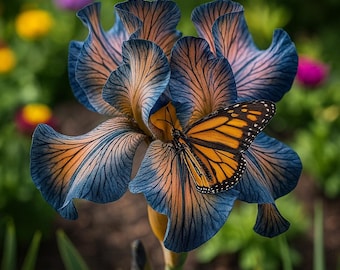 May include: A close-up of a vibrant iris flower with blue and orange petals. A monarch butterfly rests on the flower, its orange and black wings contrasting with the flower's colors. The background is a soft blur of green and other flowers.