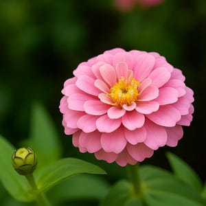 May include: A close-up of a pink zinnia flower with a yellow center. The flower has multiple layers of petals and is in full bloom. Green leaves and a bud are visible in the background against a dark green backdrop.