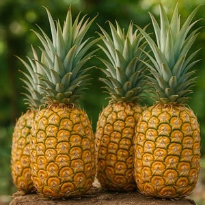 May include: Four ripe pineapples with textured, golden-yellow exteriors and spiky green crowns. The tropical fruit is arranged in a row against a blurred green background, showcasing their natural form and vibrant colors. A close-up shot highlights the details.