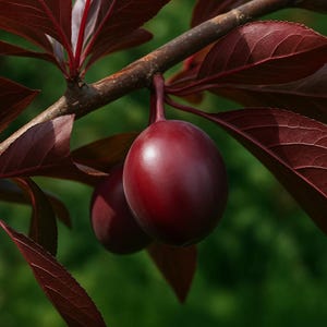 May include: Close-up of a plum branch with two ripe, deep red plums. The plums are smooth and round, hanging from a brown branch with dark red leaves. The background is a blurred green.