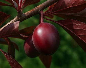 May include: Close-up of a plum branch with two ripe, deep red plums. The plums are smooth and round, hanging from a brown branch with dark red leaves. The background is a blurred green.