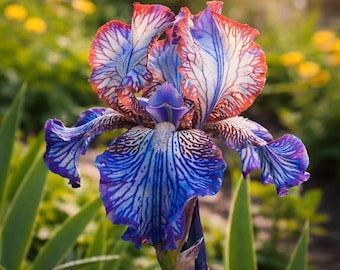 May include: A close-up of a vibrant iris flower. The petals display a complex pattern of blue, purple, red, and white, with intricate veining. The flower is in full bloom, showcasing its ruffled edges and delicate details. Green leaves and a blurred background complete the image.