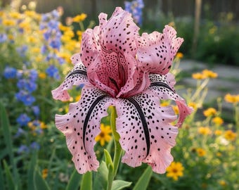 May include: A close-up of a pink iris flower with black spots and markings. The flower has ruffled petals and is in full bloom. The background is blurred, showing other colorful flowers and greenery.