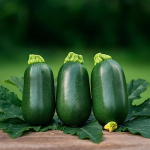 May include: Three dark green zucchini vegetables with light green stems and leaves are arranged on a wooden surface. The zucchini are oval-shaped and have a smooth, shiny skin. The background is a blurred green.