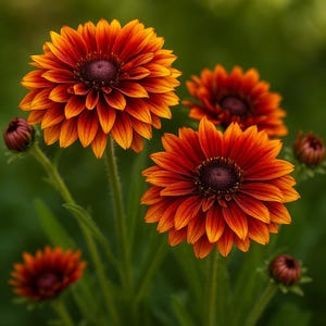 May include: Close-up of several orange and red flowers with dark brown centers. The petals are layered, creating a full, textured appearance. Green stems and buds are also visible against a blurred green background.
