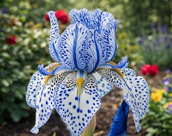 May include: A close-up of a striking iris flower. The flower features white petals with blue spots and streaks, and a yellow center. The background is blurred, showing other flowers and greenery.
