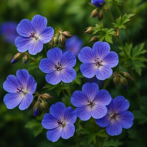 May include: Close-up of vibrant blue flowers with delicate petals and dark veins radiating from the center. The flowers are surrounded by green foliage and buds, creating a natural and fresh aesthetic. The petals have a subtle texture.
